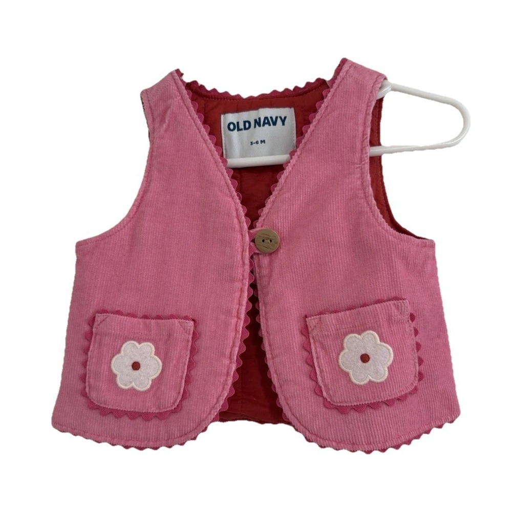 Old Navy Pink Corduroy Sleeveless Vest 3-6 Months Girls Flower Pockets Button